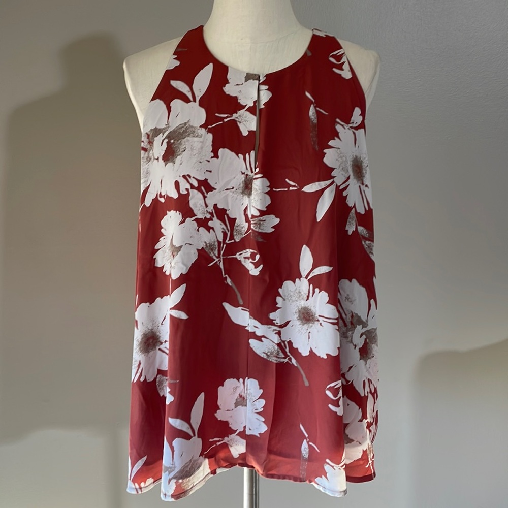 LOFT NWOT coral white floral blouse FLOWY Sleeveless T open back, lined layer XL